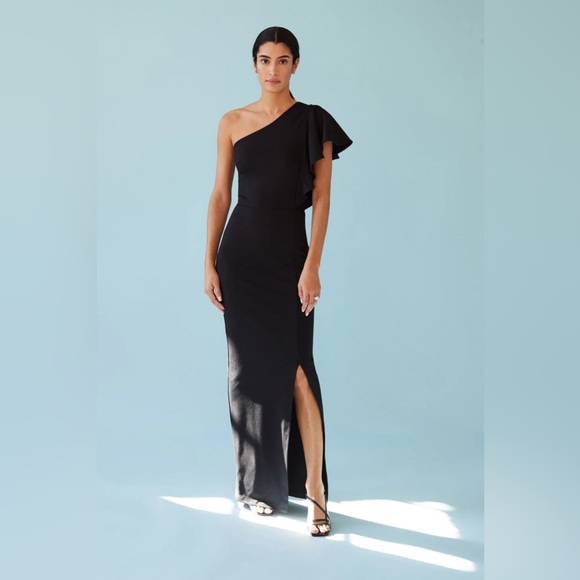 Marcella NYC Dresses & Skirts - Marcella NYC Meerim One Shoulder Ruffle Ponte Maxi Dress in Black, size Small